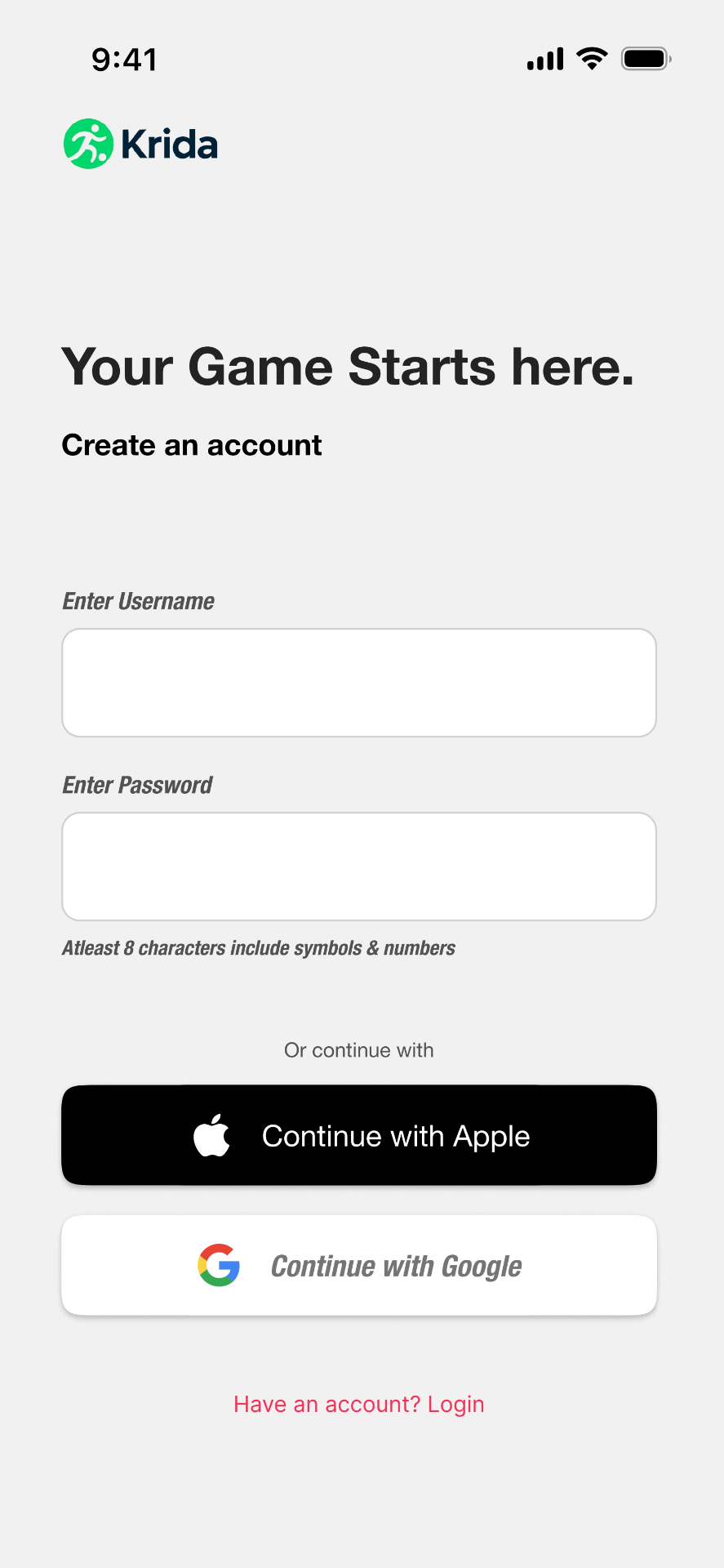 KRIDA app screen — Sign Up