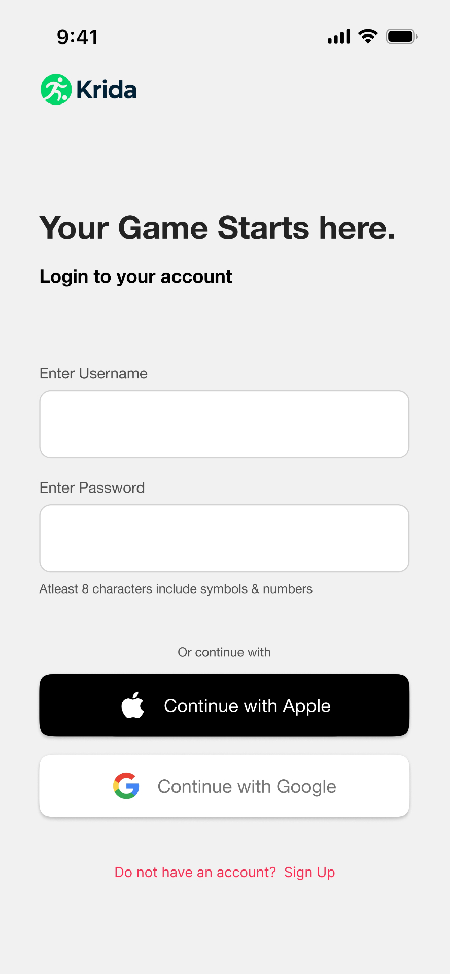 KRIDA app screen — Login