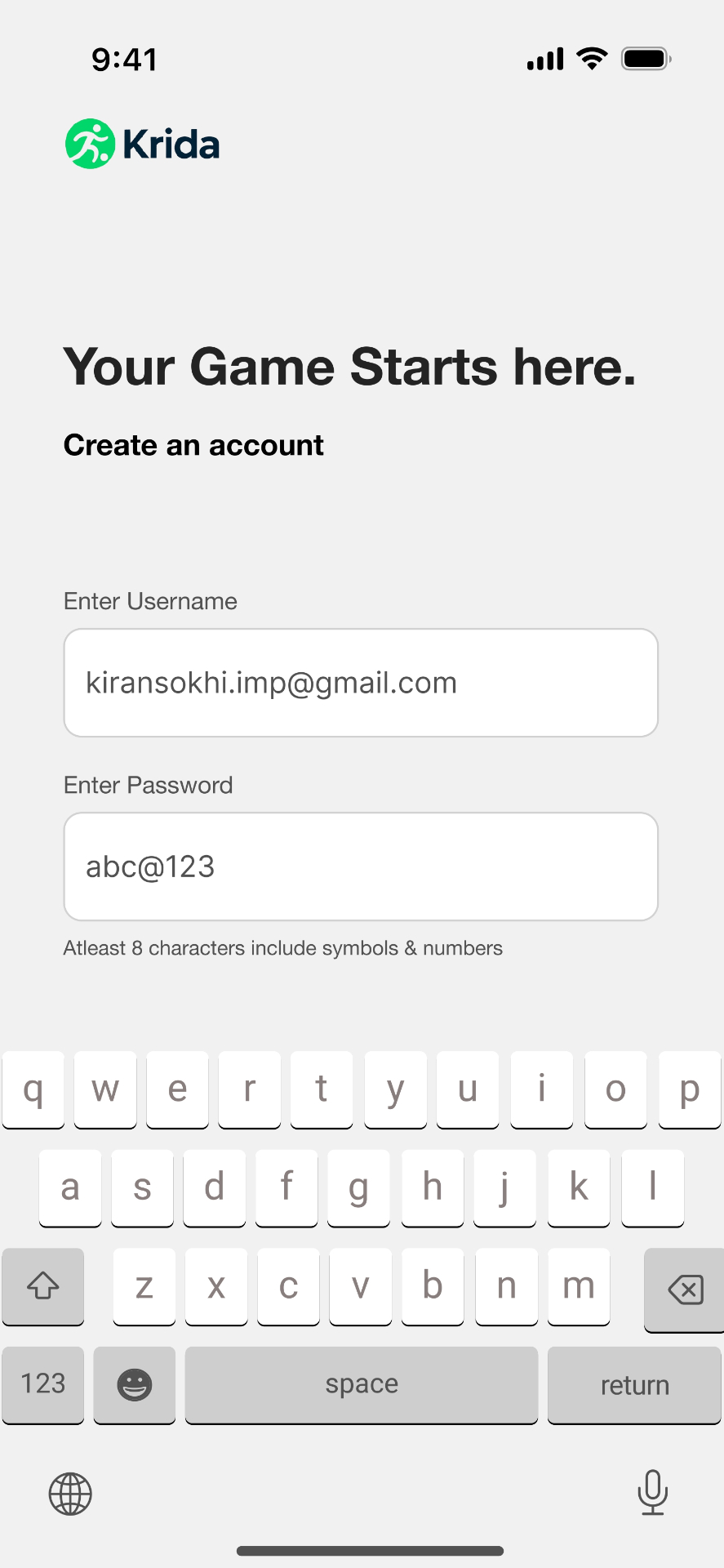 KRIDA app screen — Fill Credentials