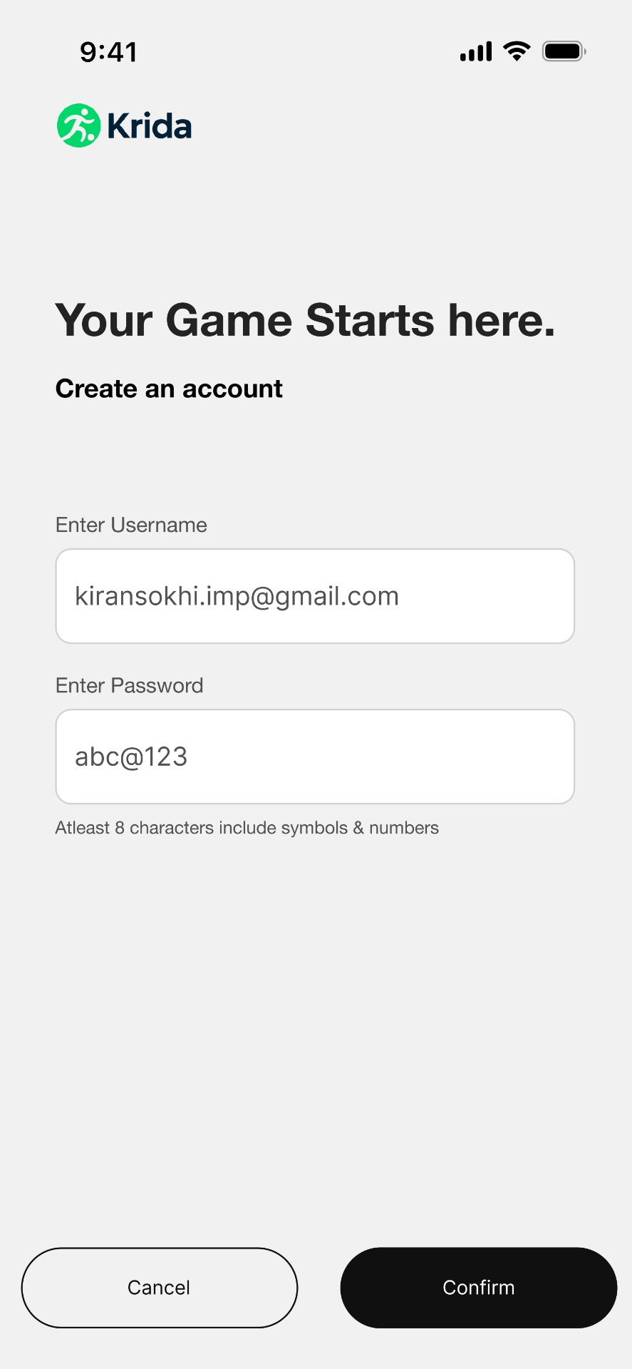KRIDA app screen — Confirm Account