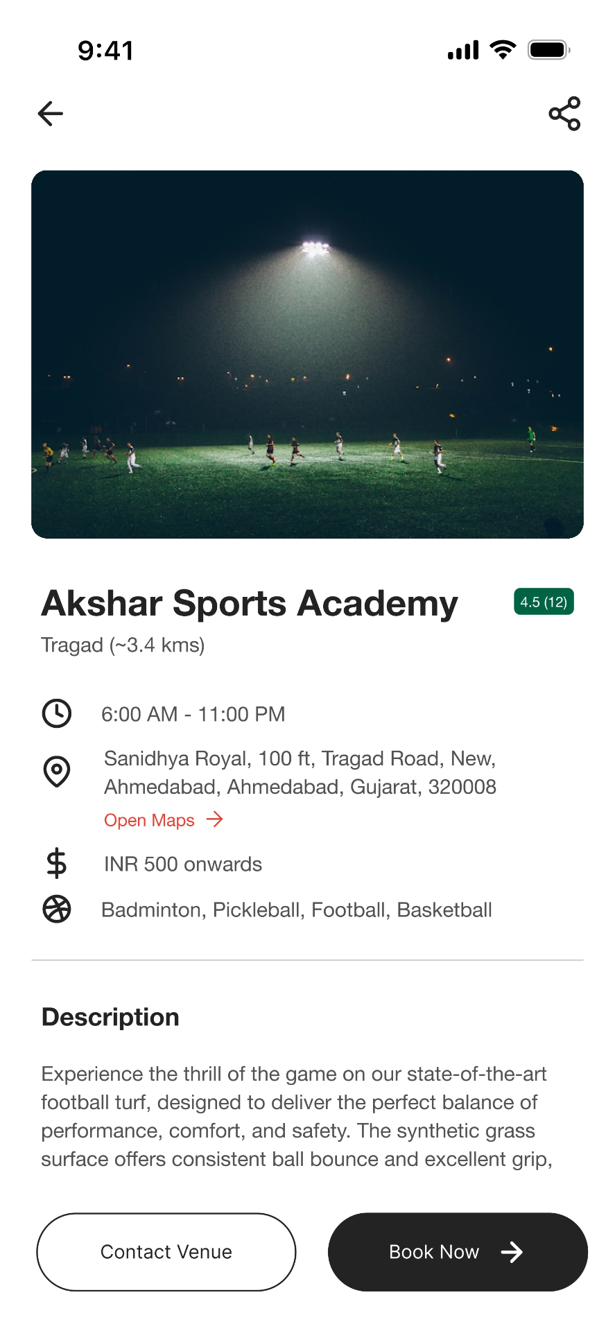 KRIDA app screen — Venue Details