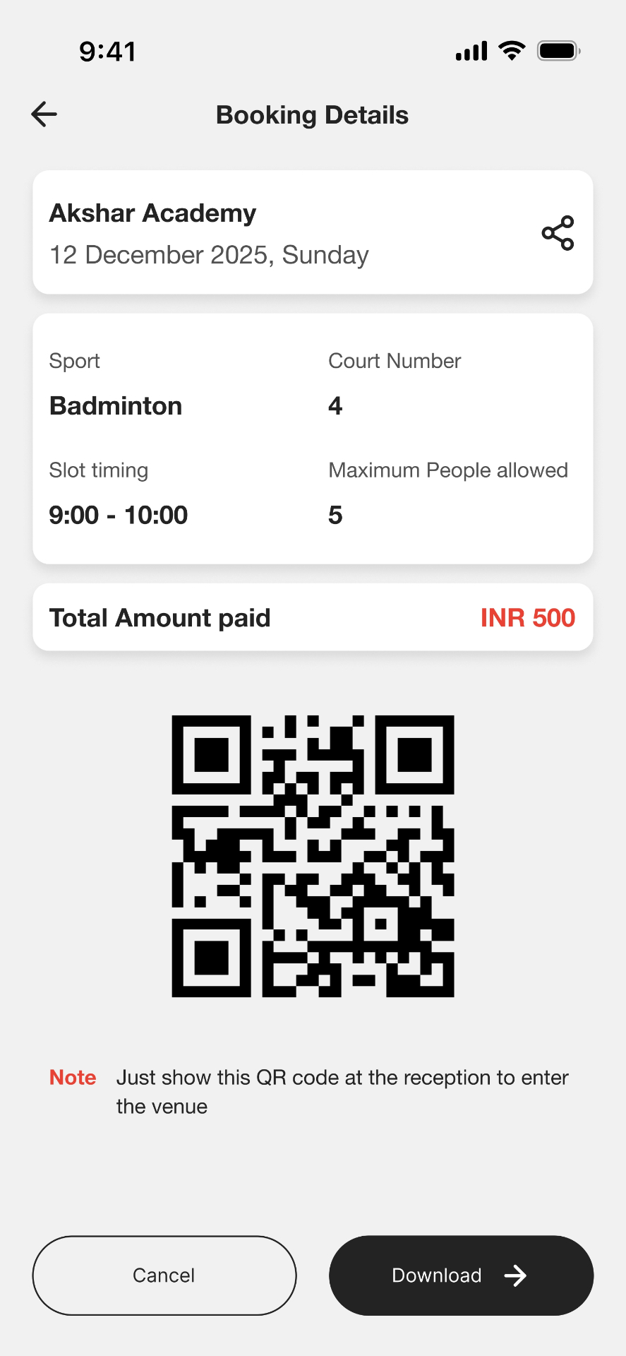 KRIDA app screen — Booking Confirmation