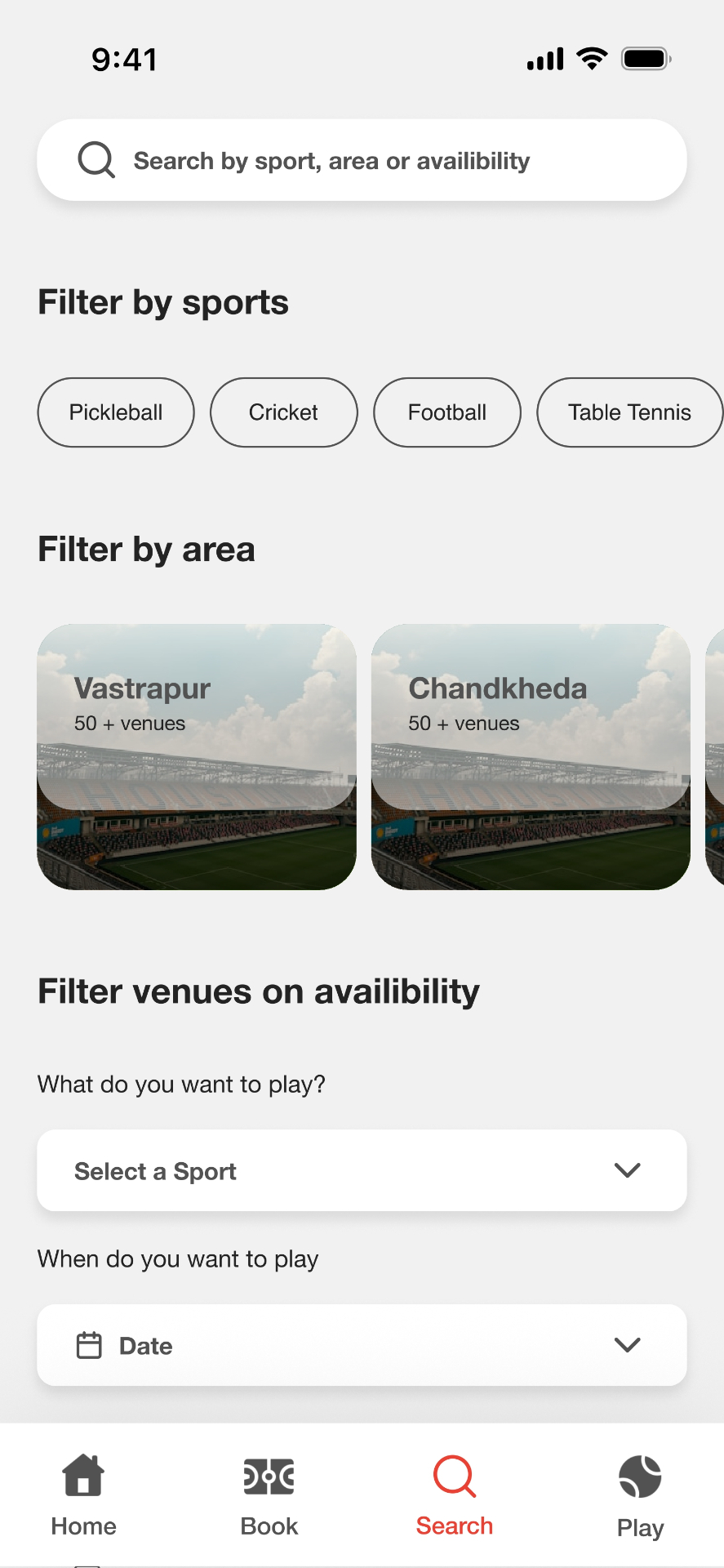 KRIDA app screen — Search & Filters
