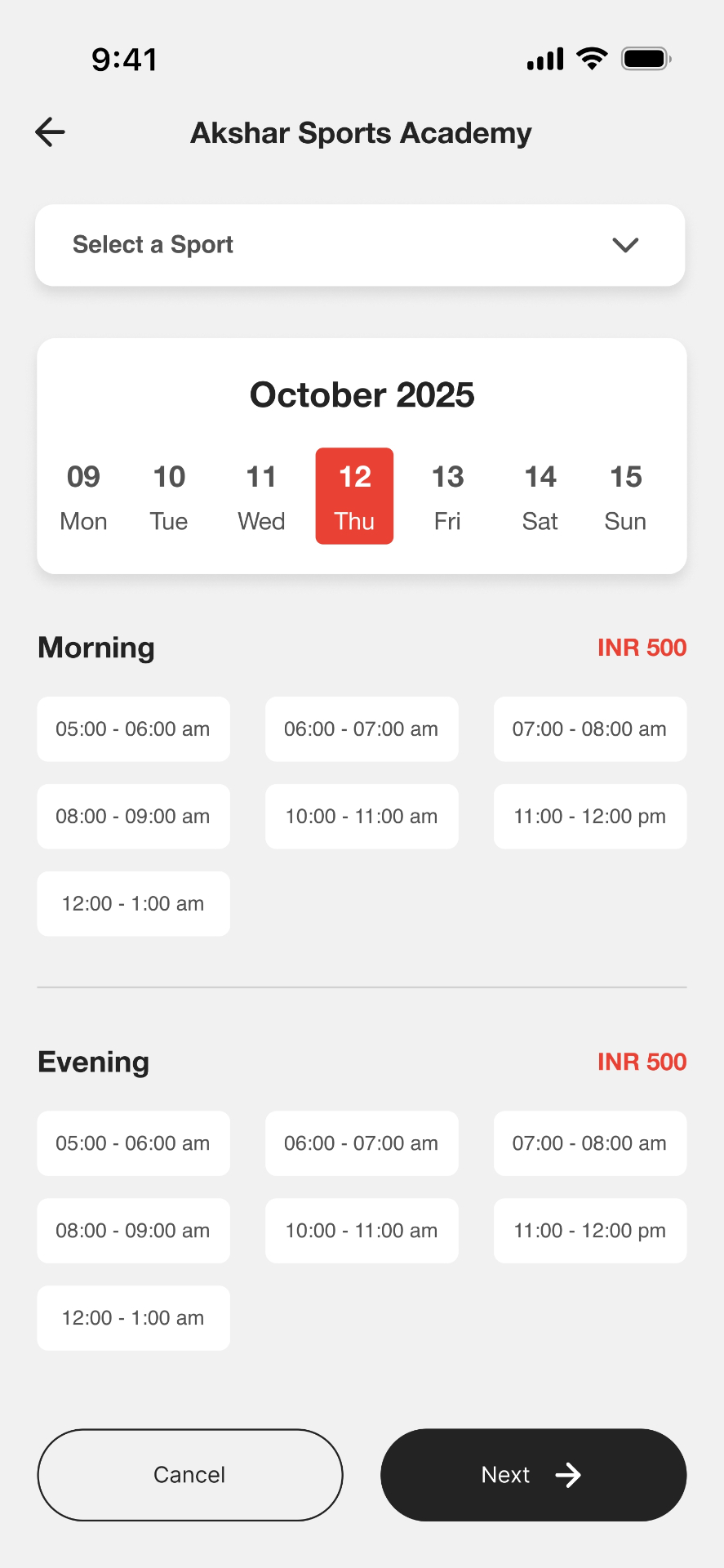KRIDA app screen — Select Date & Slot