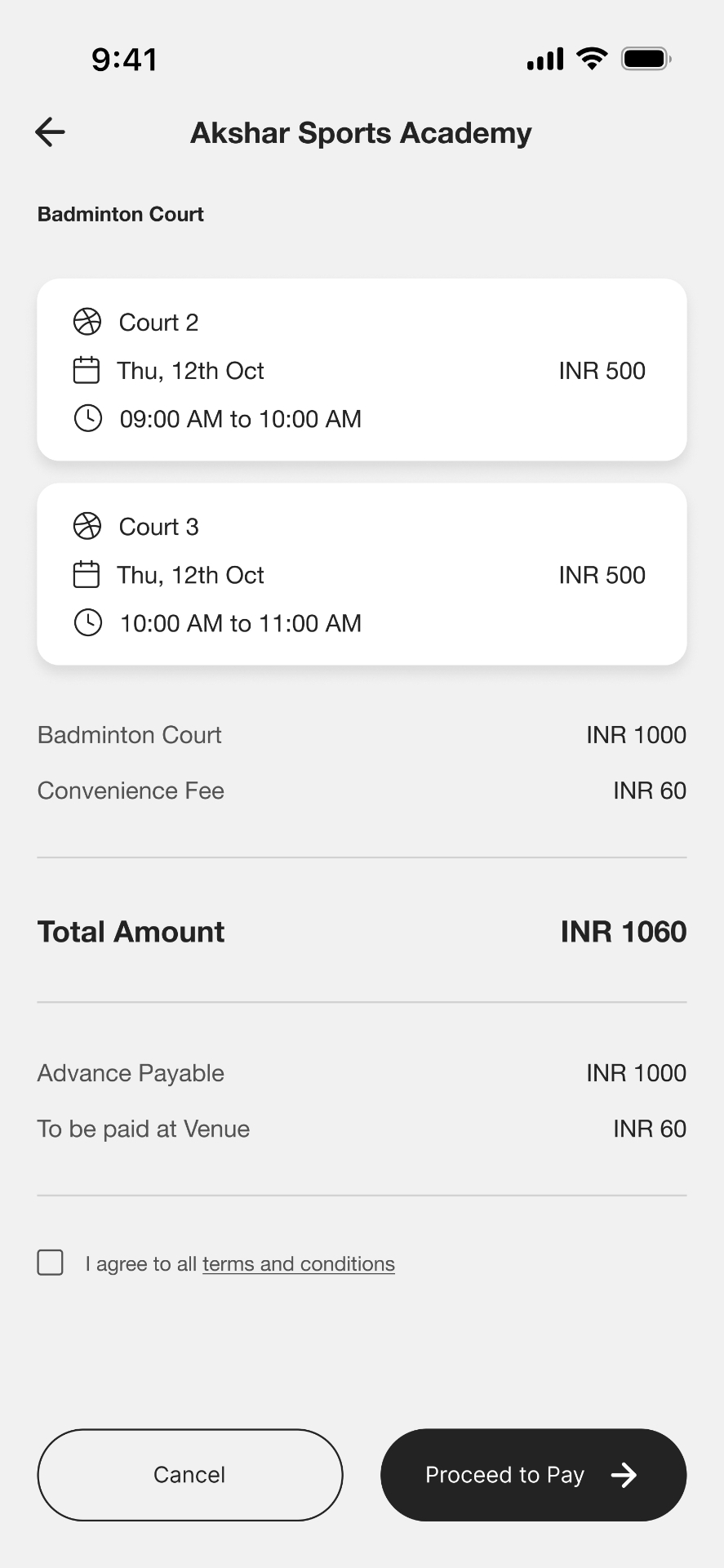 KRIDA app screen — Cart & Summary