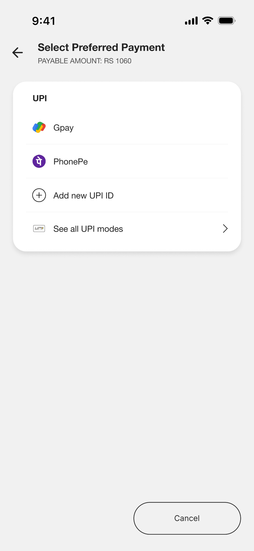 KRIDA app screen — Payment Method