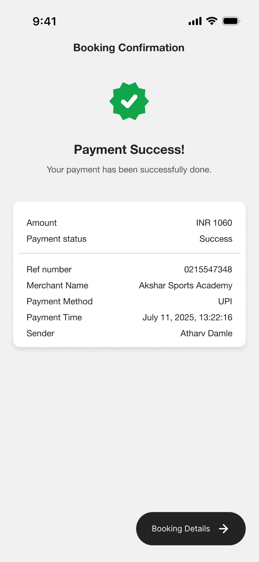 KRIDA app screen — Payment Success