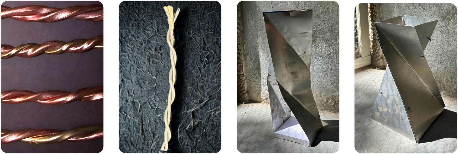 Material exploration: copper wire, twisted strands, aluminium sheet forms