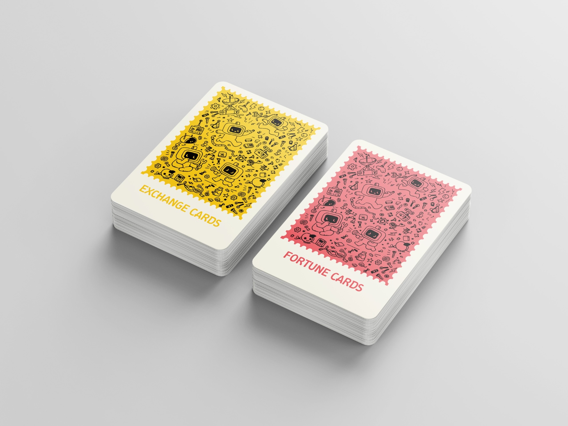 Exchange and Fortune card decks with patterned stamp-style backs