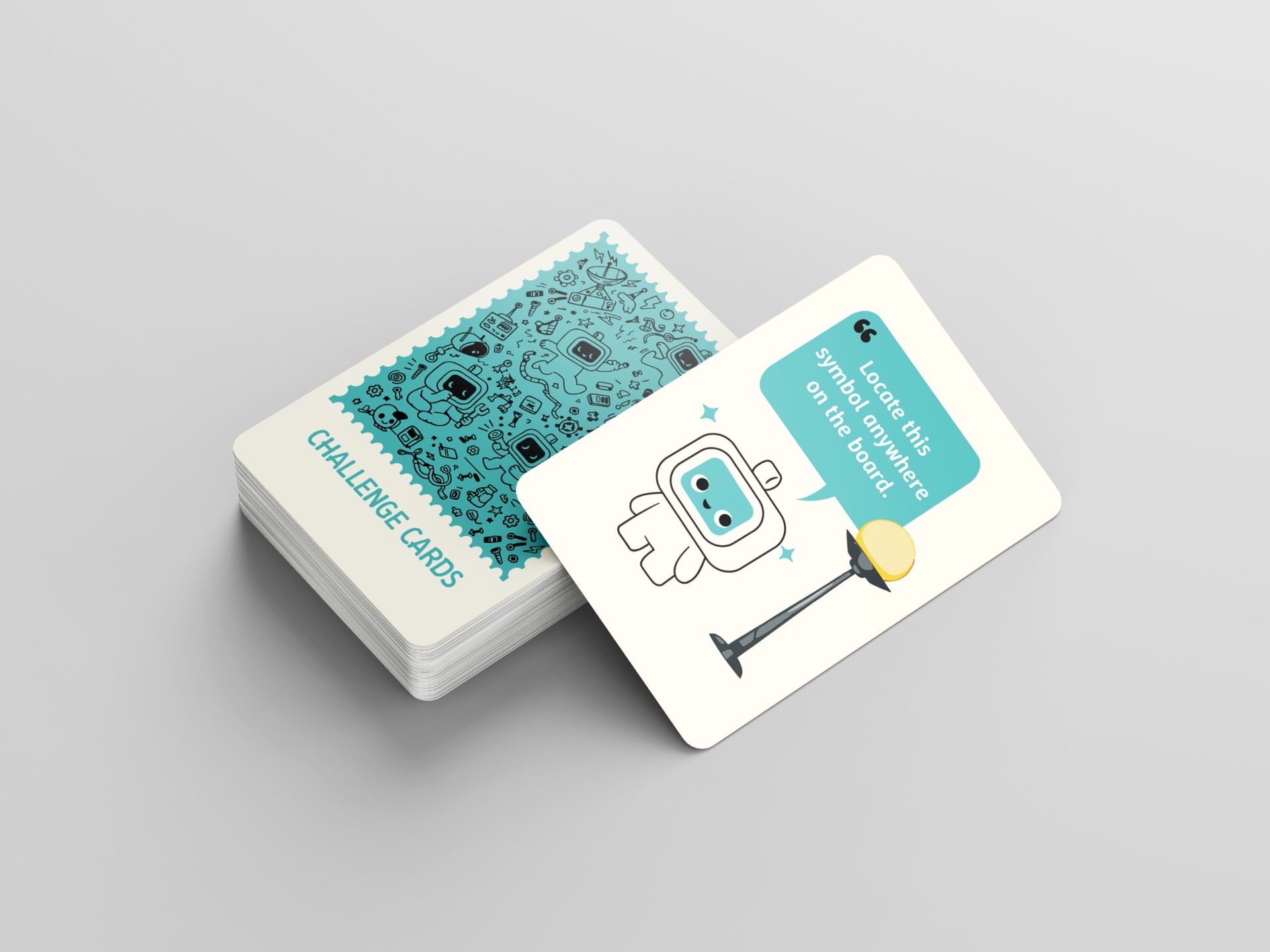 Challenge card deck with illustrated robot front