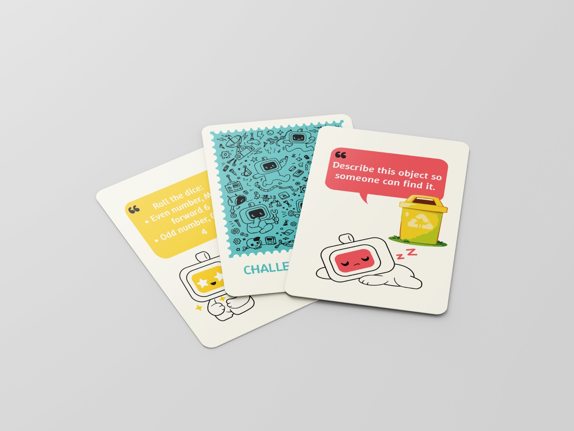 Three Quest cards fanned out — challenge, fortune and surprise