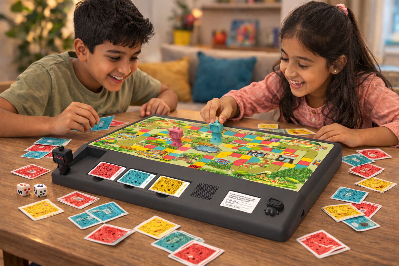 Two children laughing while playing Quest at home with the board, robot and cards spread around