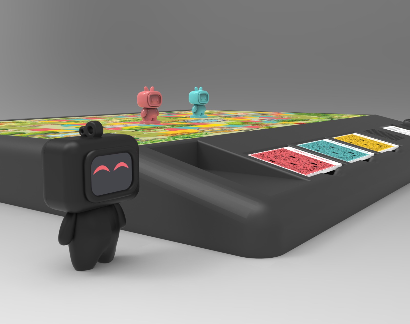 Companion robot beside the board, smiling and reacting to player decisions