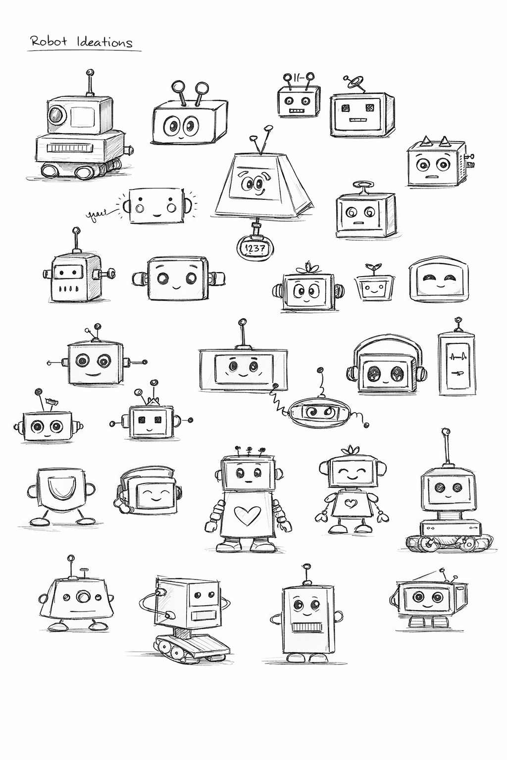 Sketchbook page with dozens of early robot character ideations