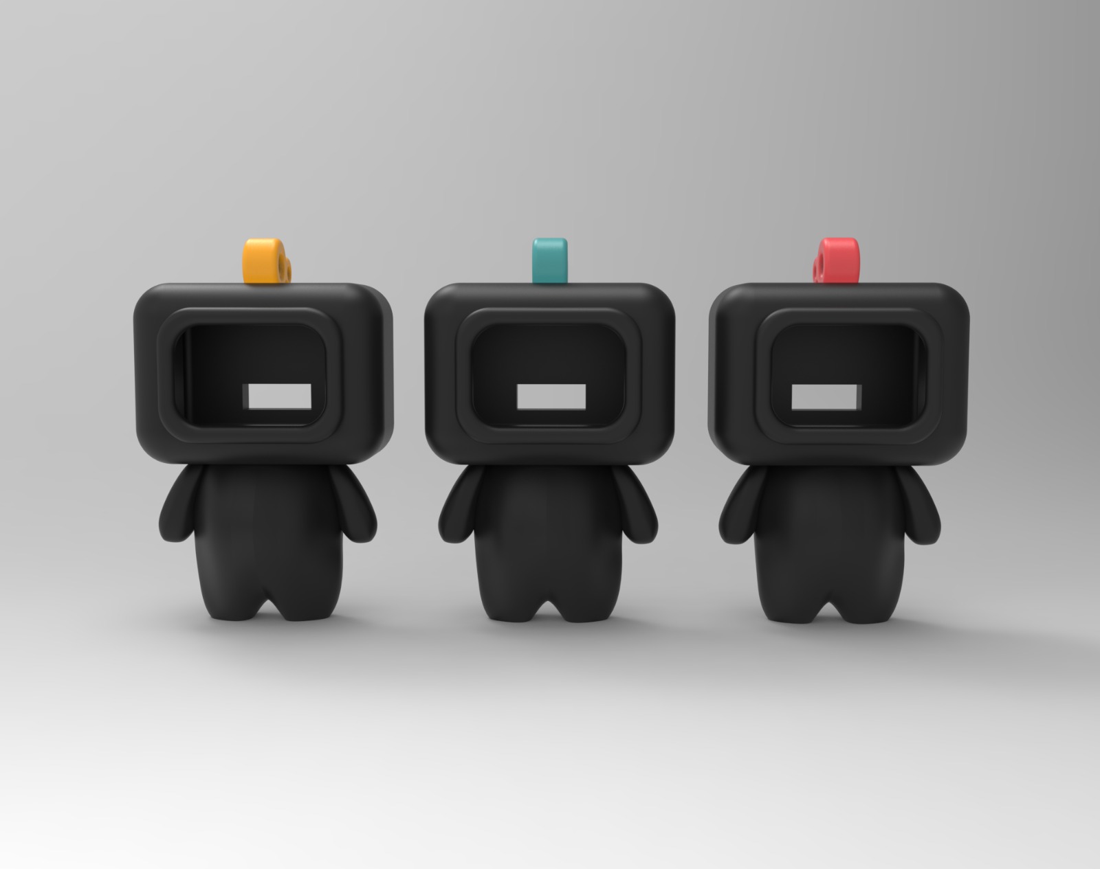 Back view of three matte black robot pawns with yellow, teal and coral toggle switches on top