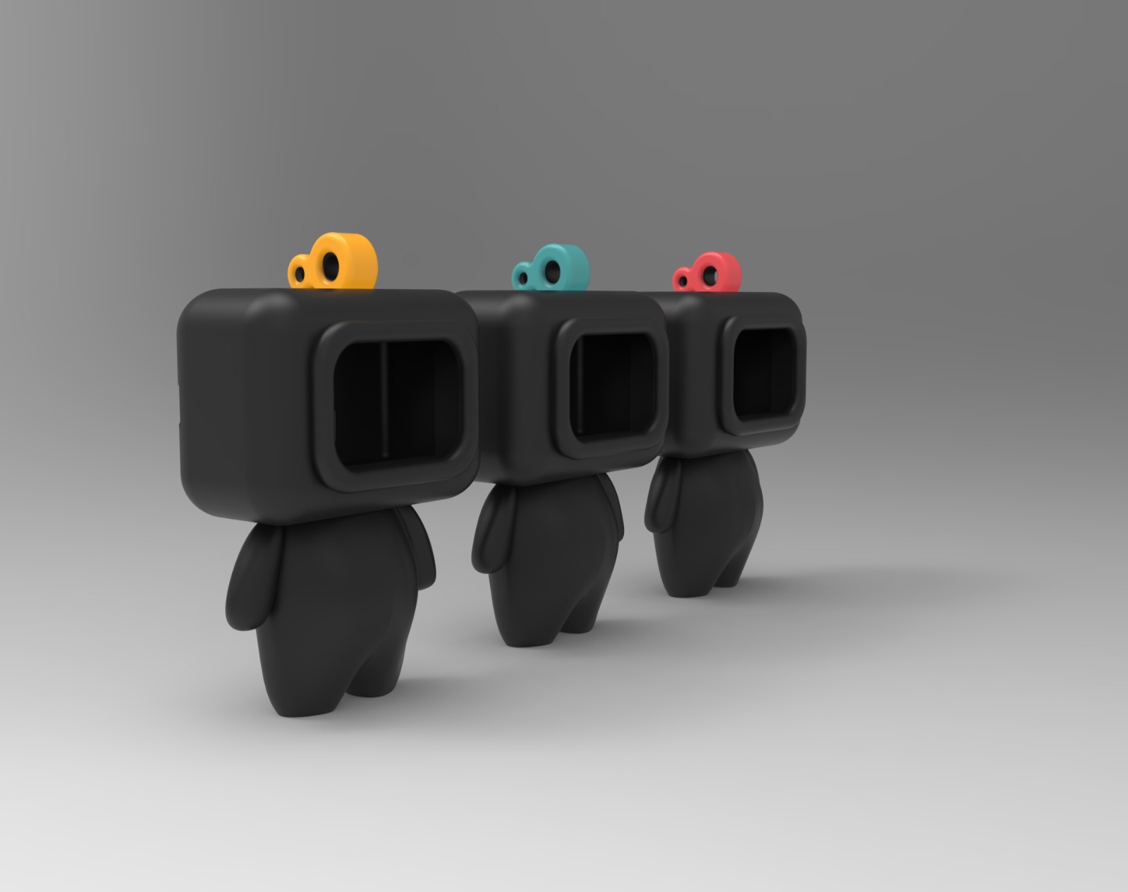 Three final robot pawns rendered in yellow, teal and coral colourways