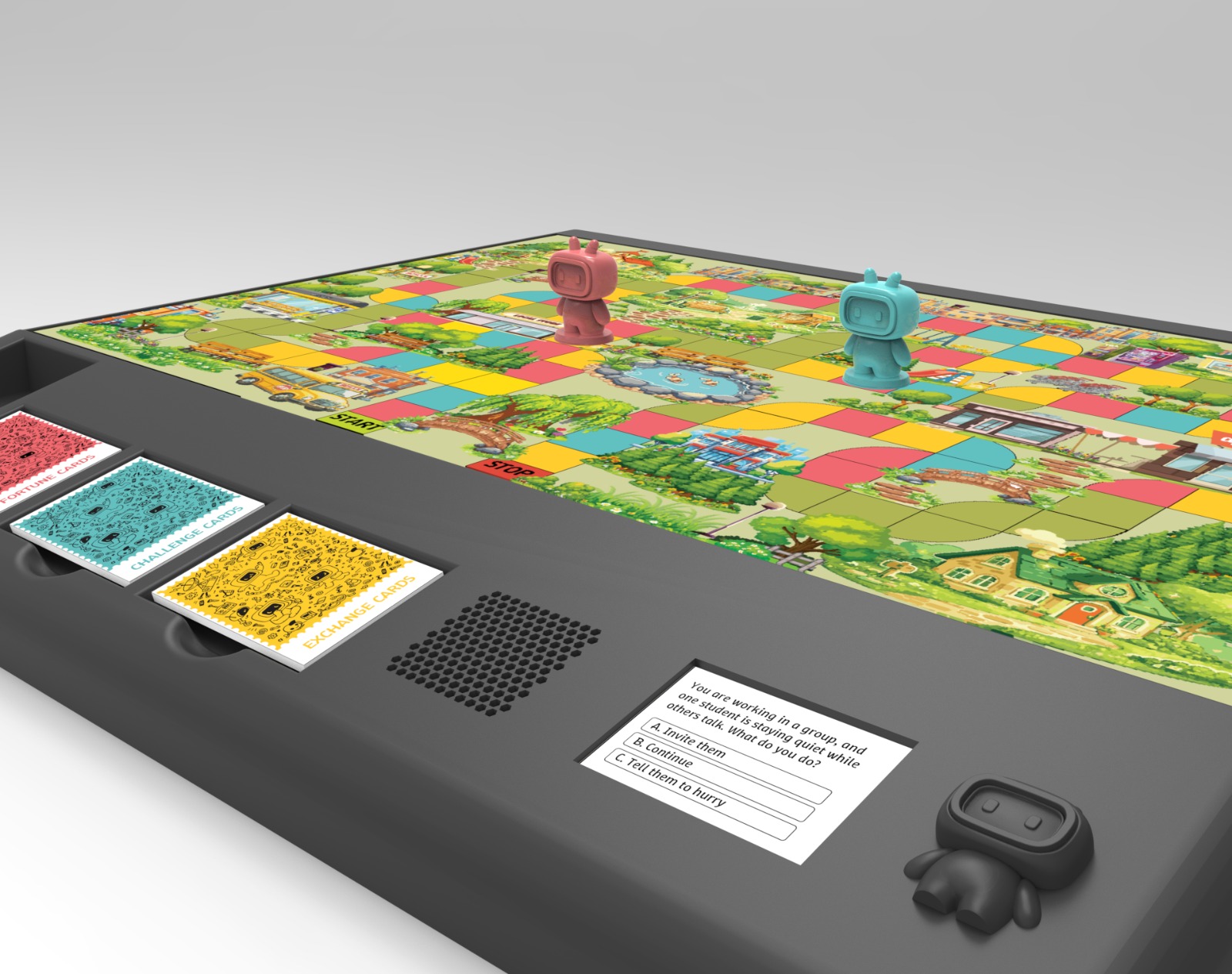 Quest board with two robot pawns mid-game, card decks and the integrated situation screen prompting the player with a multiple-choice scenario
