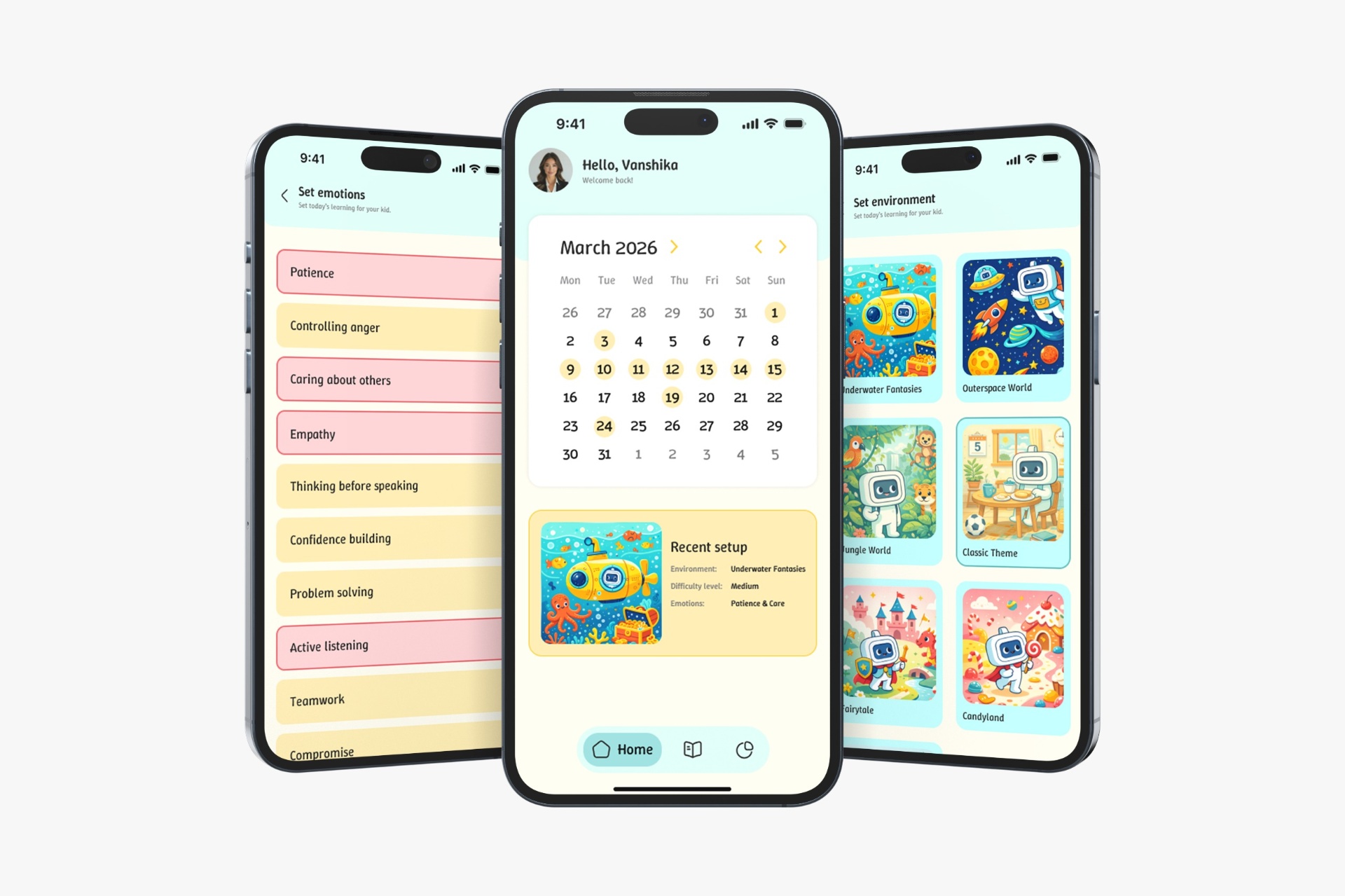 Three screens of the Quest companion app — set emotions list, home calendar with recent setup, and environment themes