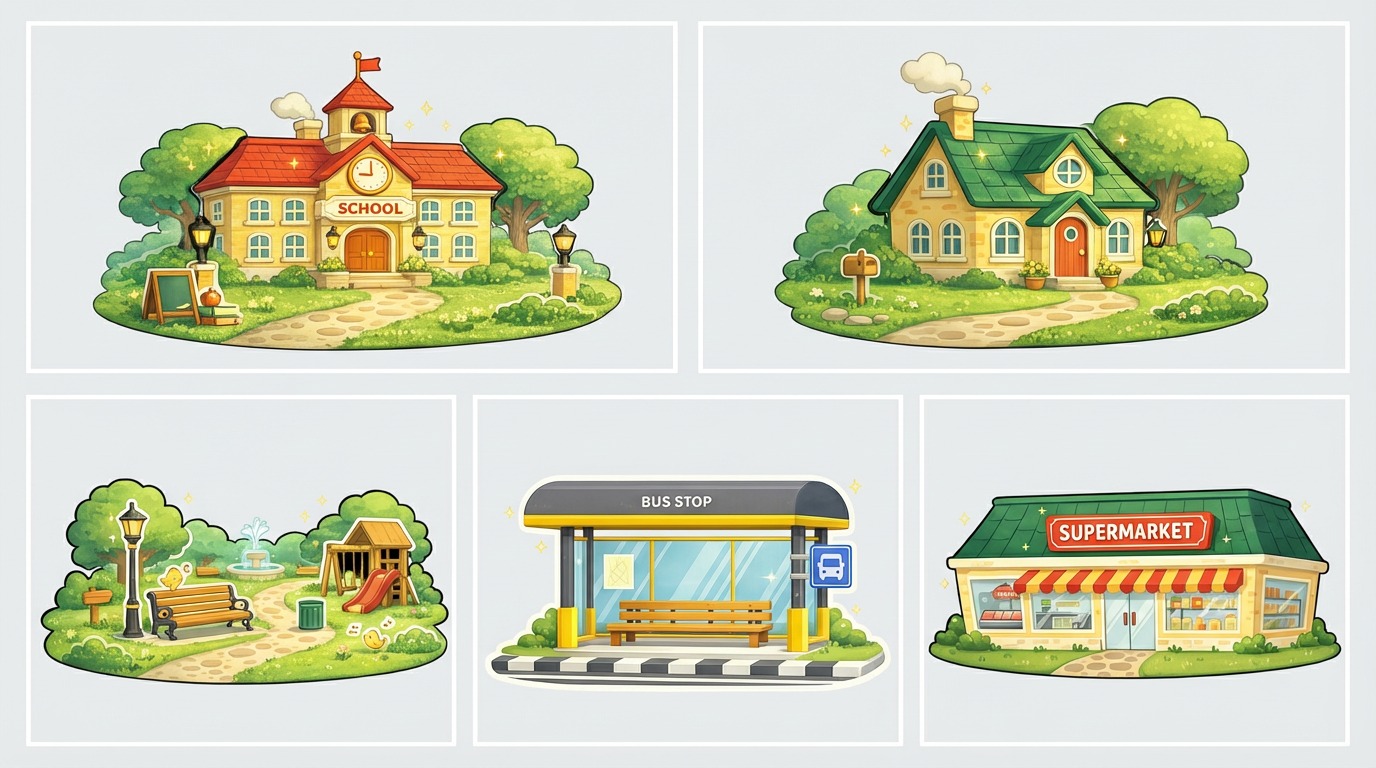 Illustrated Quest world zones — school, home, playground, bus stop and supermarket